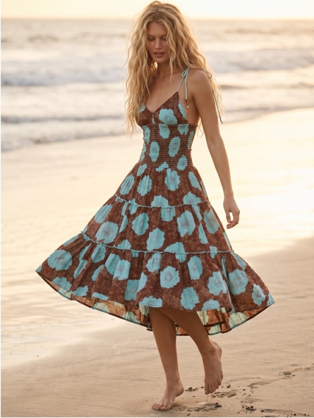 Free People Adriel Tie Strap Tiered Midi Dress Nutmeg Size XS